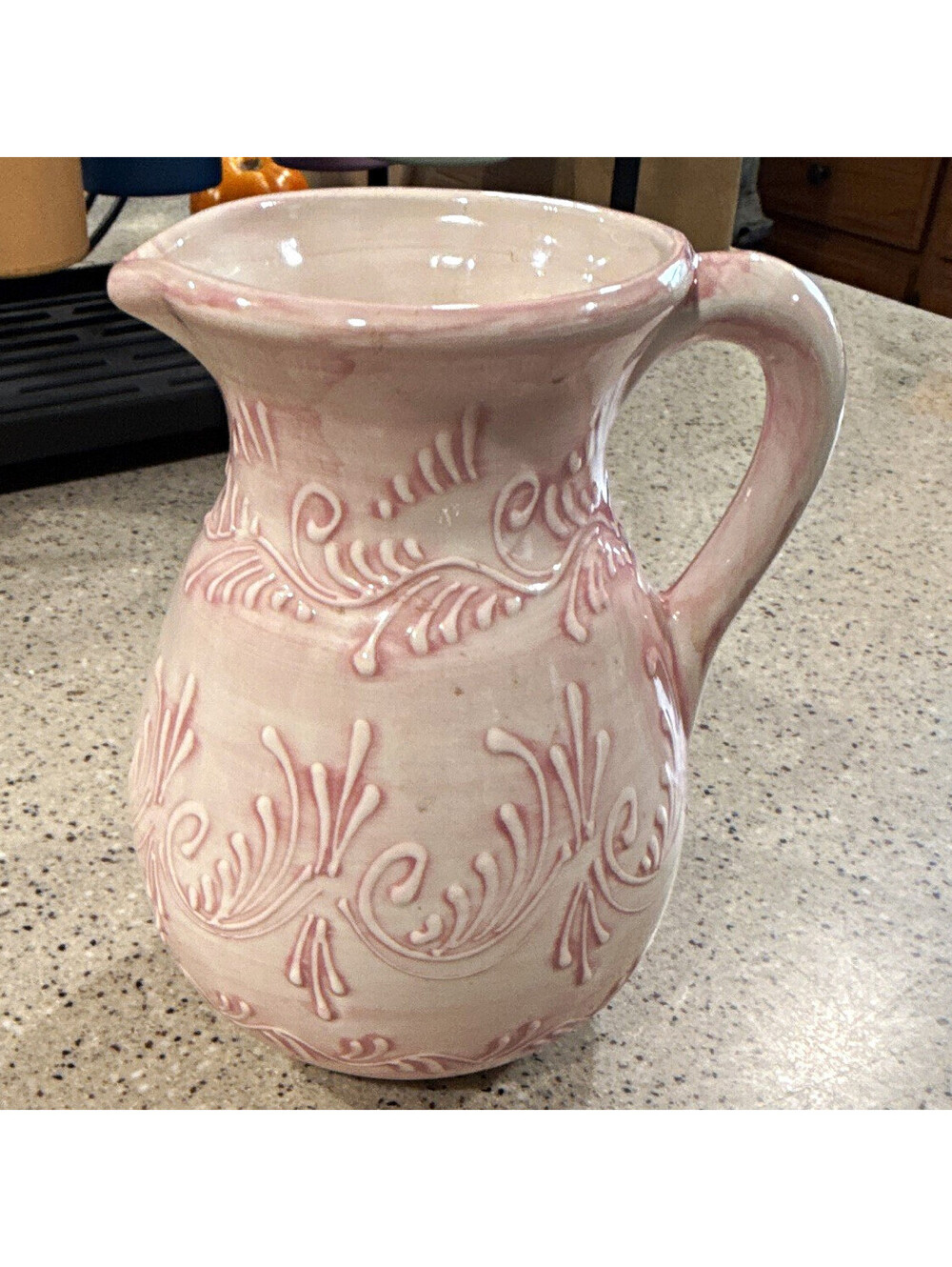 Thos. Peoraza Spain Hand Painted Pink & White Ceramic Pitcher 6 in